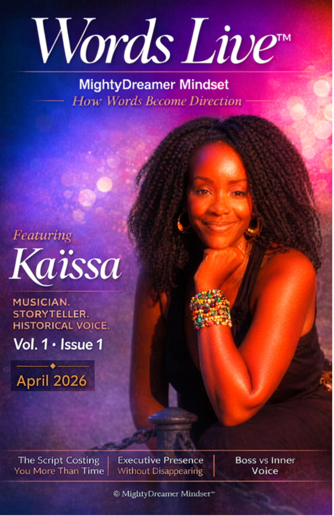 Words Live™ — Kaïssa Feature Musician, Storyteller, Historical Voice April 2026 Volume 1- Issue 1 Words Live™ magazine cover featuring Kaïssa, musician, storyteller, and historical voice